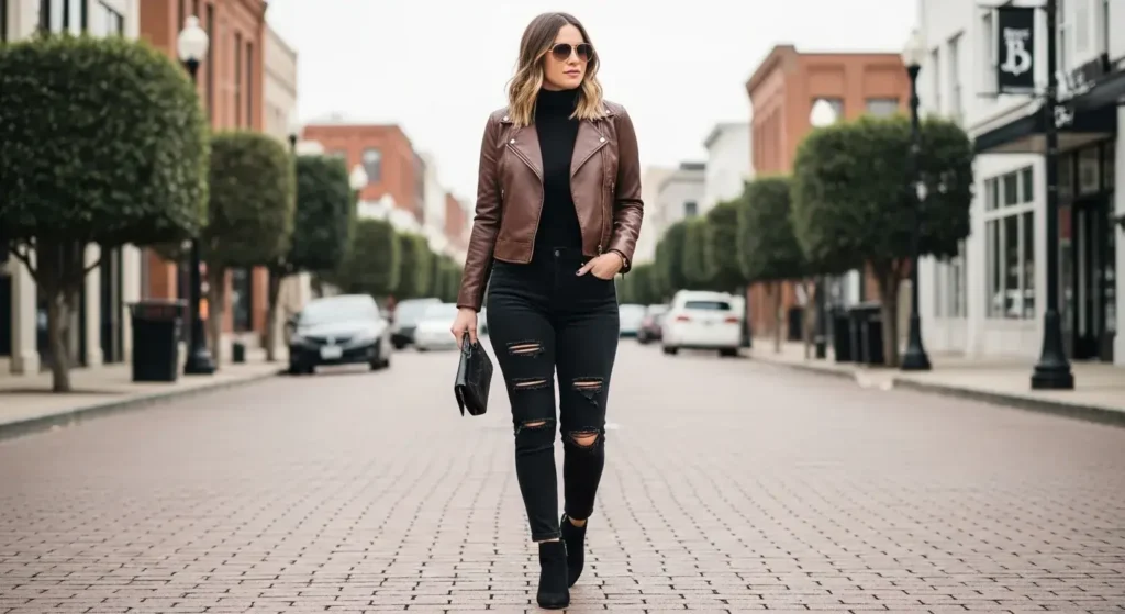 Faux Leather Jacket + Turtleneck + Ripped Jeans Shein Fall Outfits