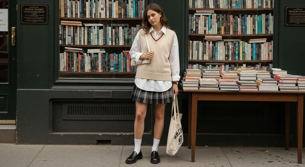 Sweater Vest + Button-Down Shirt + Pleated Skirt Shein Fall Outfits