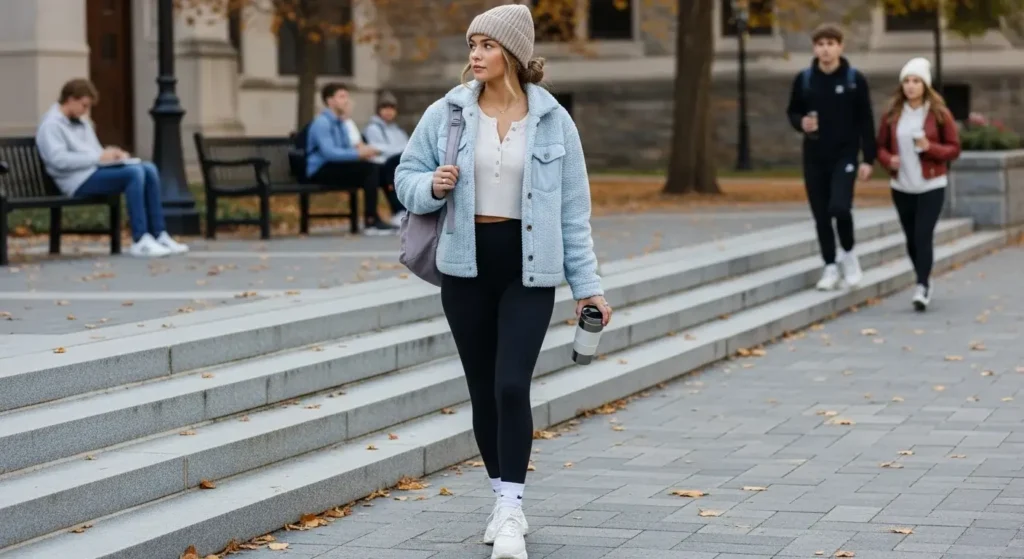 Sherpa Jacket + Henley Tee + Black Leggings Cute Fall Outfits for School