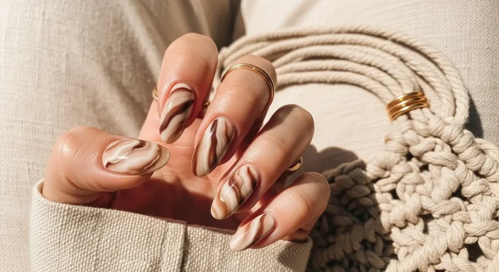 Iced Latte Swirl Glossy Gel Nail Designs for Summer