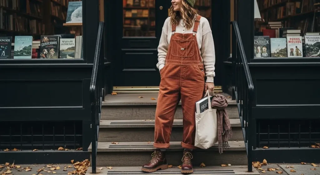 Thermal Layer + Overalls + Beanie Casual Fall Outfits