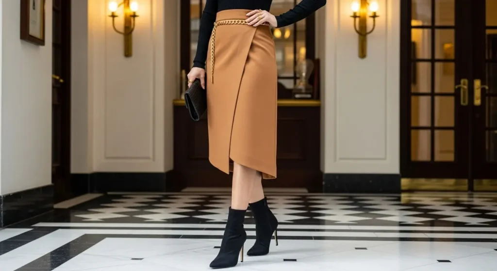 Mock Neck Top + Wrap Skirt + Heeled Booties Fall Outfits with Skirts