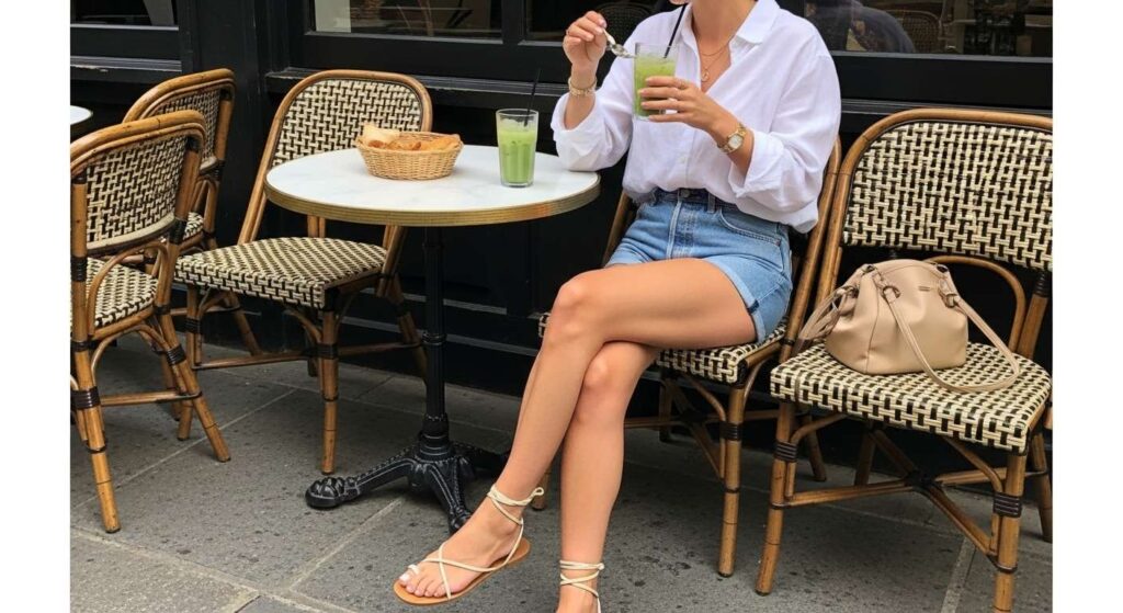 Loose Linen Shirt + High-Waisted Denim Shorts New York Summer Outfit Ideas