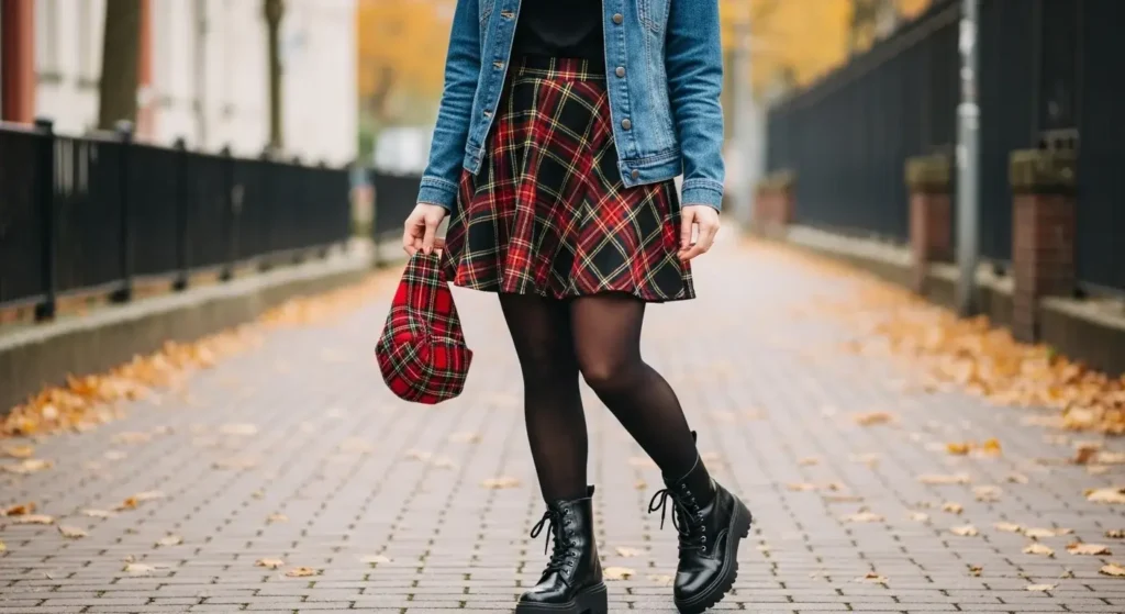 Denim Jacket + Plaid Skater Skirt + Tights Fall Outfits with Skirts