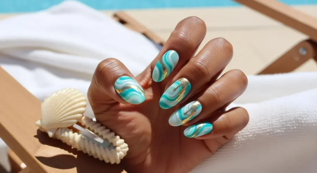 Ocean Marble Swirls Vacation-Ready Nails for Summer