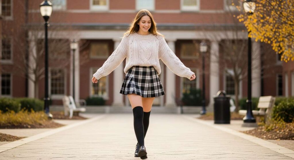 Knit Sweater + Pleated Mini Skirt + Knee-High Socks Fall Outfits for Teens