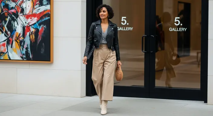 Leather Jacket with Wide-Leg Pants Fall Outfit Ideas