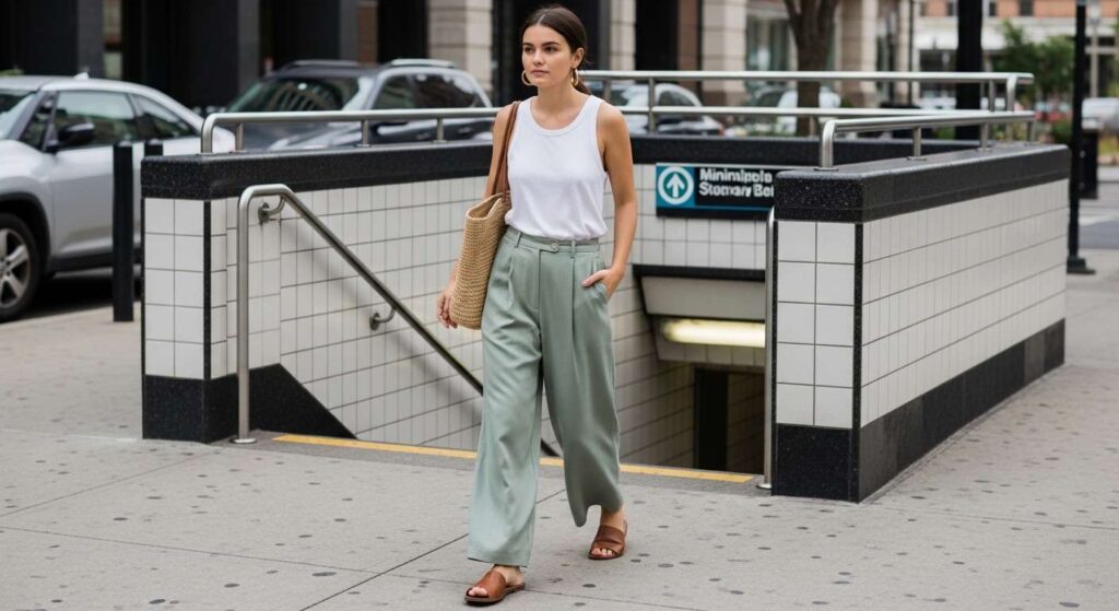 Minimalist Tank Top + Flowy Wide-Leg Pants New York Summer Outfit Ideas