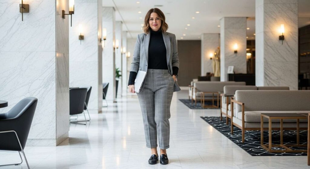 Structured Blazer with Turtleneck and Trousers Mid-Size Fall Outfits