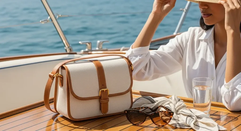 Ivory Canvas & Leather-Trimmed Shoulder Bag Old Money Handbags