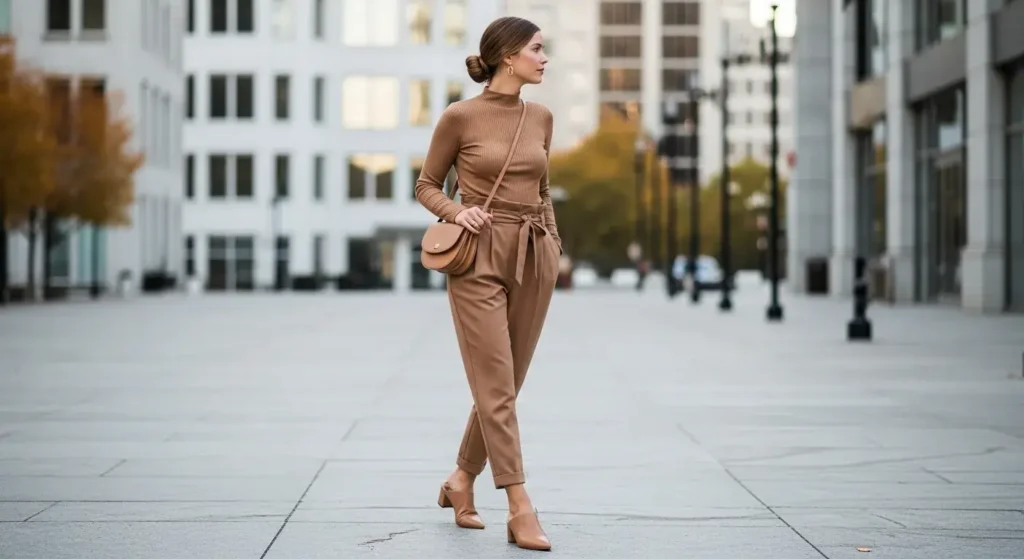 Ribbed Mock Neck + Paperbag Waist Pants + Mules Casual Fall Outfits