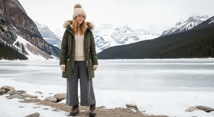 Parka Coat + Chunky Knit Hat + Wool Trousers Adorable Winter Outfits