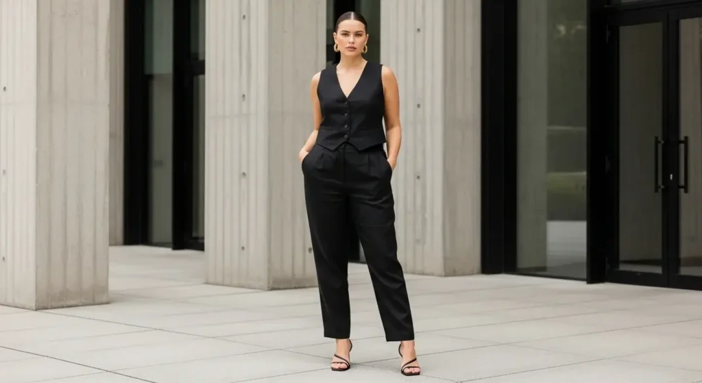 Black Linen Pants + Matching Vest + Strappy Sandals Linen Pants Outfit Ideas