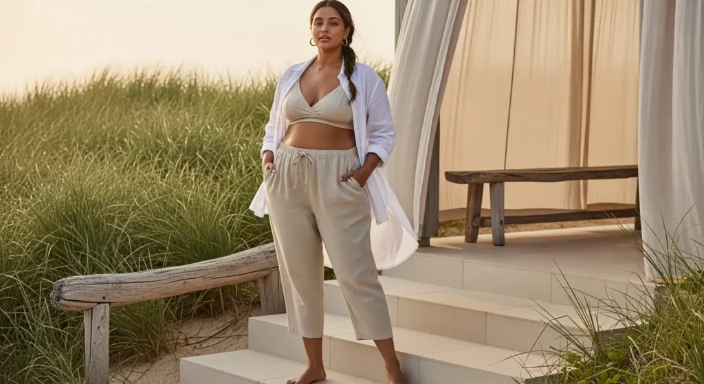 Beige Linen Drawstring Pants + Button-Down Shirt (Open) + Bralette Linen Pants Outfit Ideas
