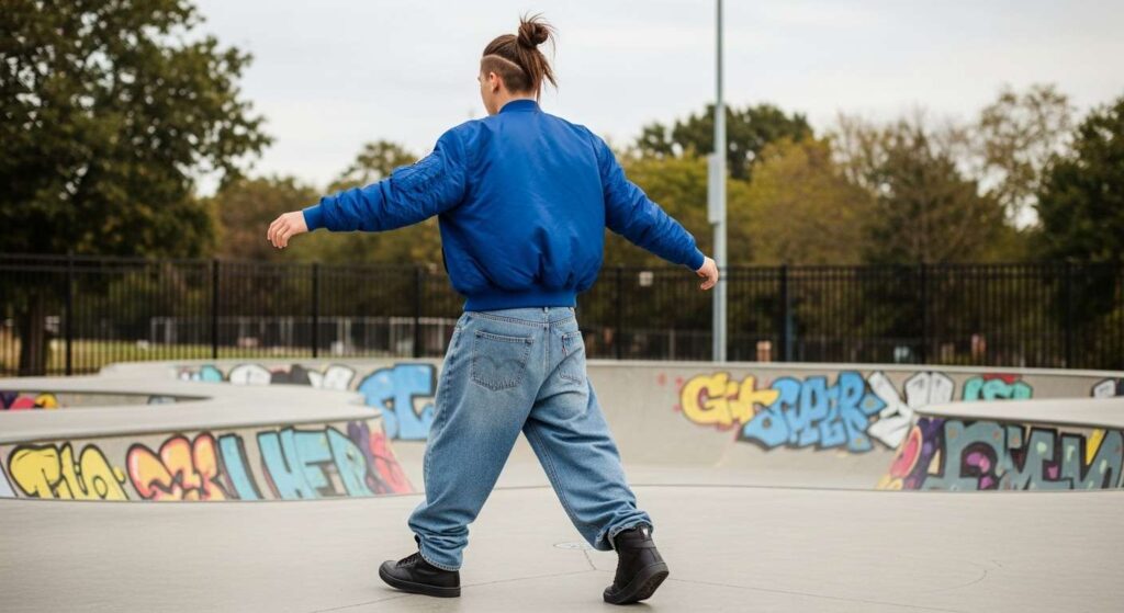 Bomber Jacket + Baggy Jeans + High-Top Sneakers Fall Outfits for Teens