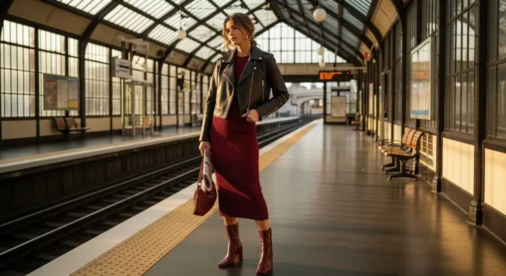 Cropped Leather Jacket + Ribbed Midi Dress + Square-Toe Boots 90s-Inspired Fall Outfits