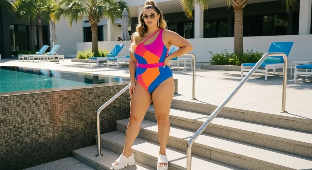Color-Block One-Piece + Platform Slides Plus Size Swimwear Outfit Ideas
