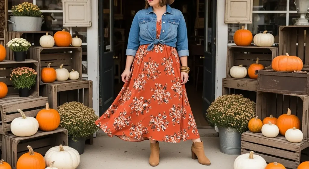 Denim Jacket + Maxi Dress + Booties Plus Size Fall Outfits