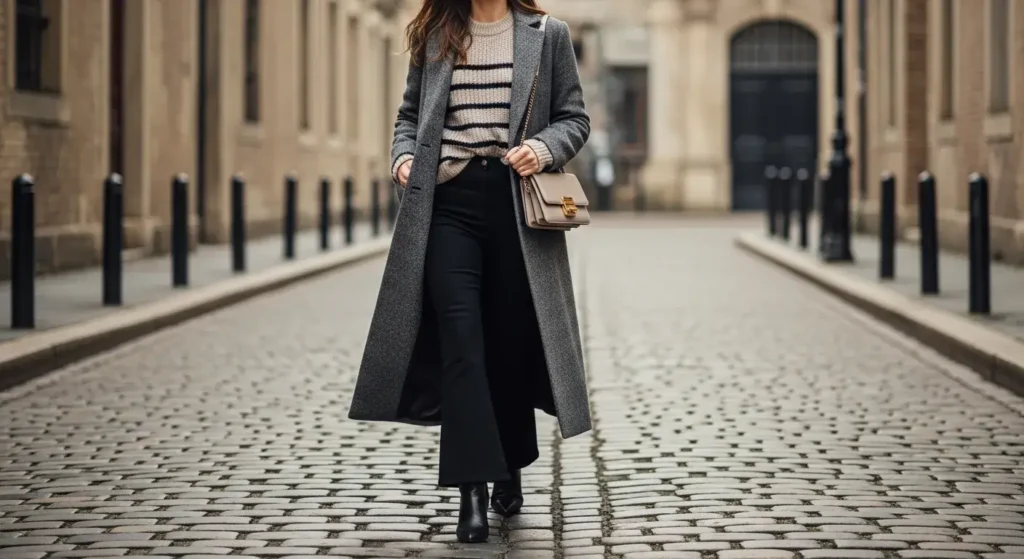 Wool Blend Coat + Striped Knit + Flared Pants Shein Fall Outfits