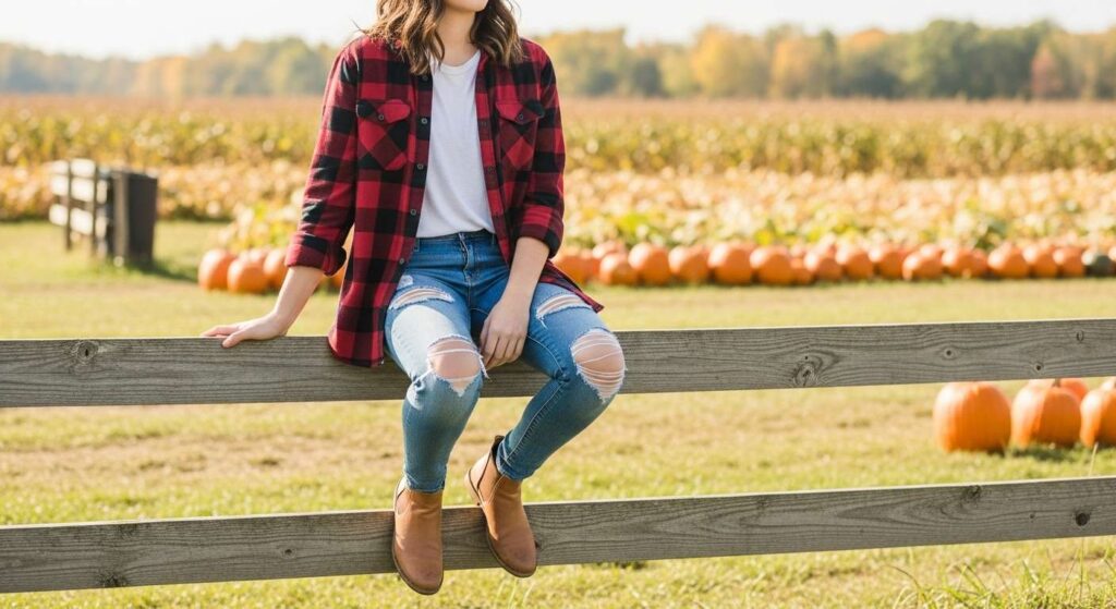 Flannel Shirt + Basic Tee + Ripped Jeans Fall Outfits for Teens
