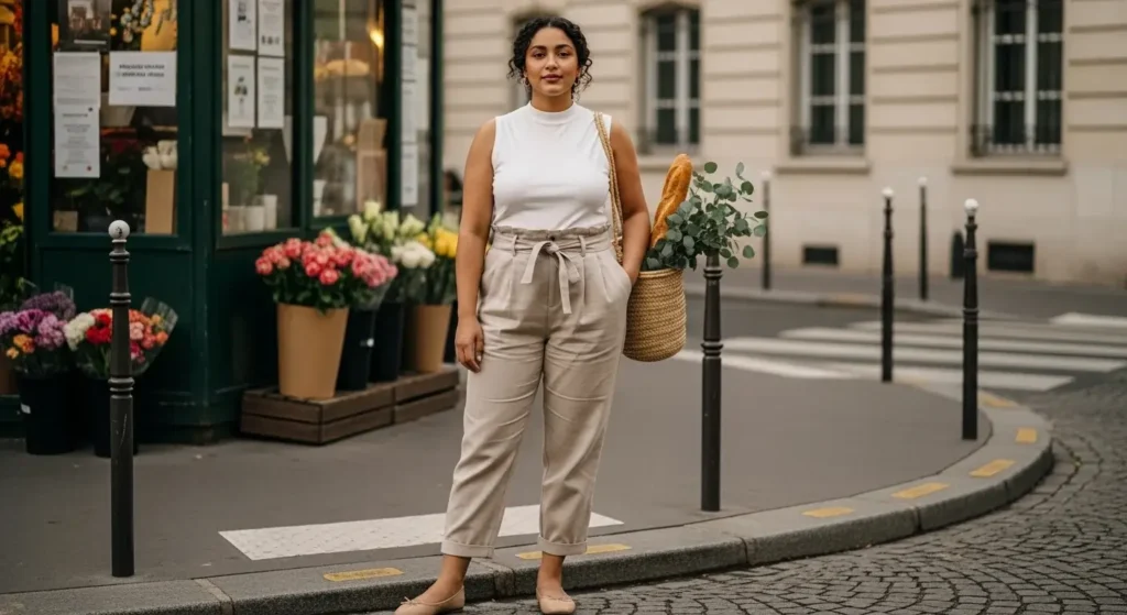 Beige Linen Paper bag Pants + Mock Neck Tank + Ballet Flats Linen Pants Outfit Ideas