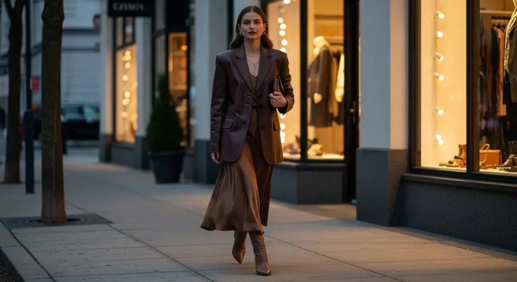 Leather Blazer + Satin Skirt + Ankle Boots Trending Fall Outfits
