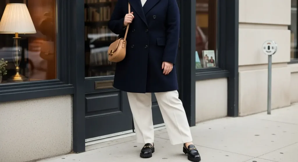 Peacoat + Straight-Leg Trousers + Loafers Plus Size Fall Outfits