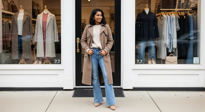Wool Trench Coat + Cozy Sweater + Flared Jeans Aesthetic Winter Outfits