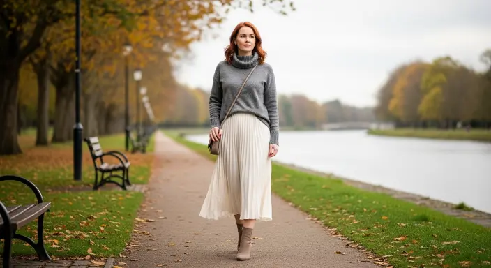 Turtleneck Sweater + Pleated Midi Skirt + Heeled Boots Classy Winter Outfits