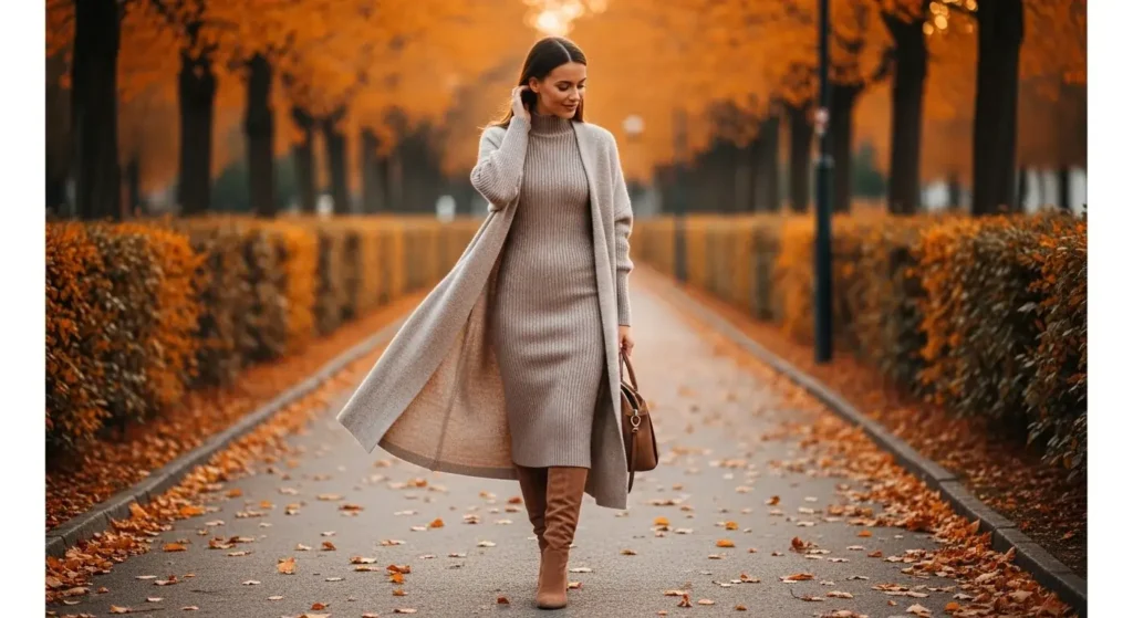Knit Dress + Longline Cardigan + Knee-High Boots Cozy Fall Outfits