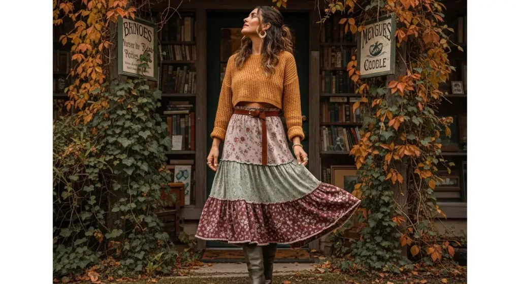 Tiered Midi Skirt + Cropped Sweater + Suede Belt Boho Fall Outfits