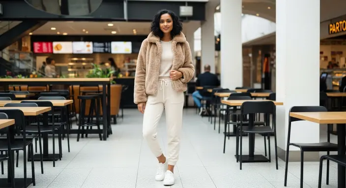  Faux Fur Jacket + Joggers + White Sneakers Casual Winter Outfit Ideas