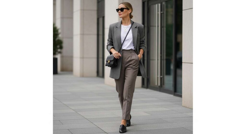 Blazer + White Tee + Tailored Trousers + Loafers Chic Fall Outfits
