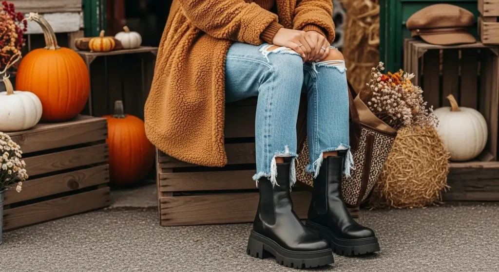 Teddy Coat + Straight Jeans + Platform Boots Fall Outfits with Boots