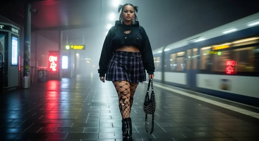 Black Crop Hoodie + Plaid Mini + Fishnets Plus Size Aesthetic Outfit Ideas