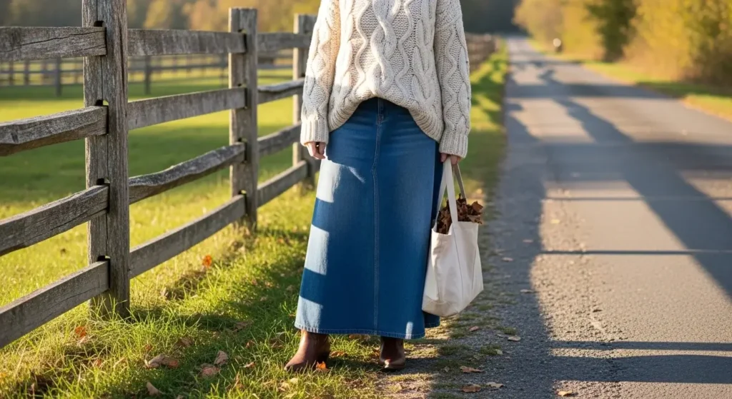 Oversized Cable-Knit Sweater + Maxi Denim Skirt + Western Boots Trendy Fall Outfits