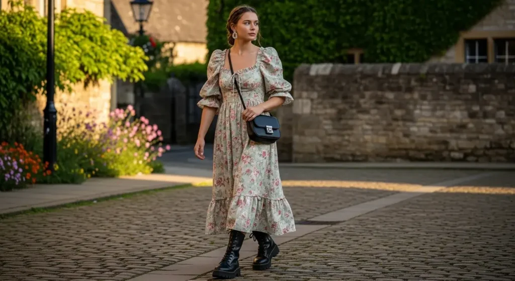 Puff-Sleeve Prairie Midi with Lug Boots Perfect Dress Outfits That Prove Florals Are Still Summer