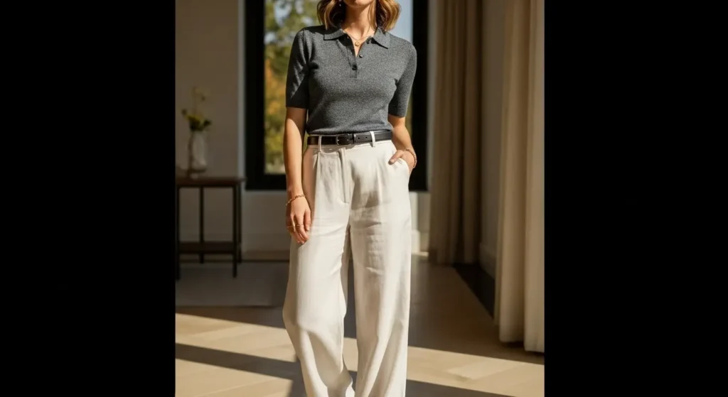 Linen Wide-Legs + Fine Knit Polo + Minimal Leather Belt Linen Pants Outfit Ideas