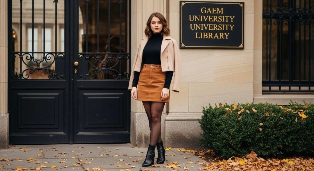 Turtleneck + Corduroy Mini Skirt + Tights Fall Outfits for Teens