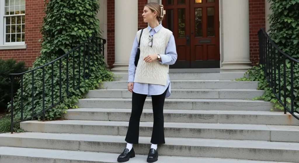 Button-Up Shirt + Knit Vest + Micro-Flare Leggings Fall Outfit Ideas for College