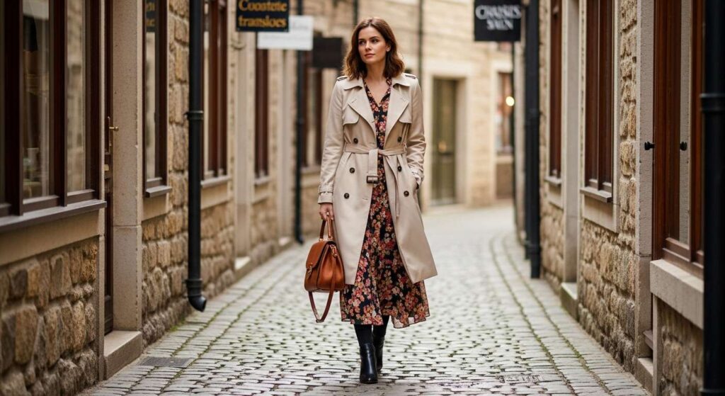  Flowy Floral Midi Dress with a Belted Trench Coat Girly Fall Outfits