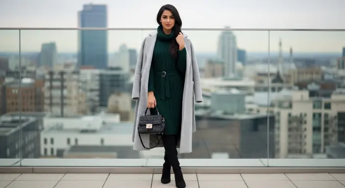 Knit Turtleneck Dress + Longline Coat + Knee Boots Classy Winter Outfits