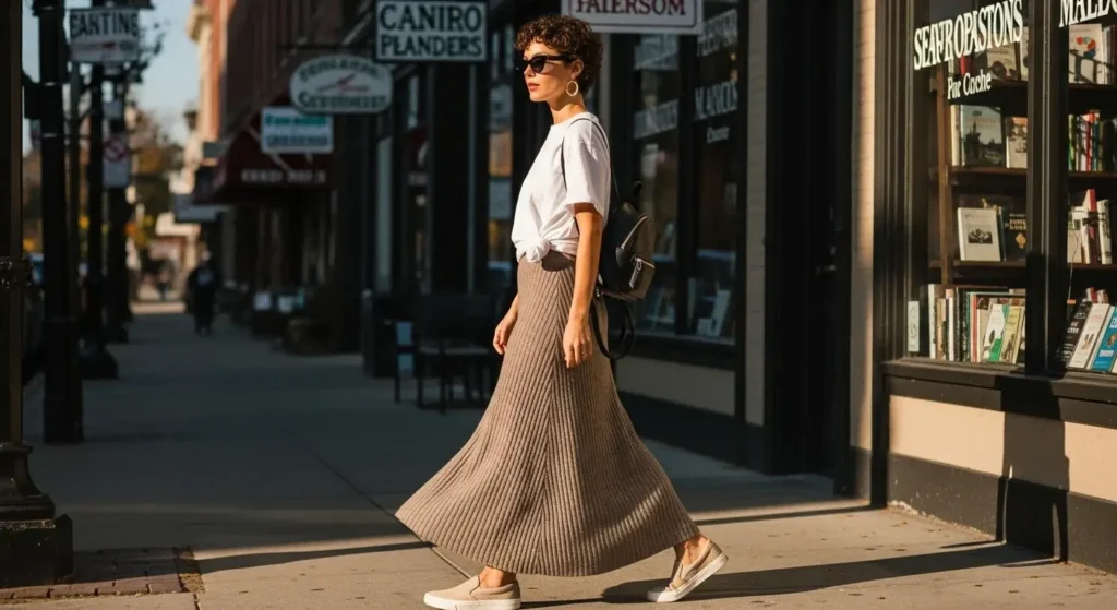 Oversized Tee + Knit Maxi Skirt + Slip-On Sneakers Casual Fall Outfits