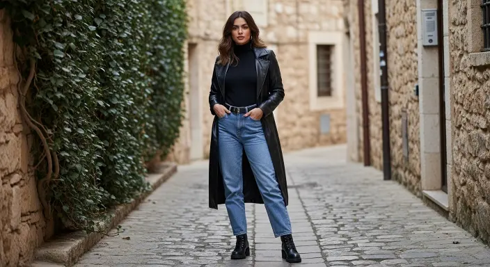 Longline Leather Coat + Black Turtleneck + Straight-Leg Jeans Grunge Fall Outfits