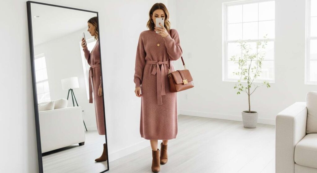 Knit Sweater Dress with Ankle Boots Girly Fall Outfits