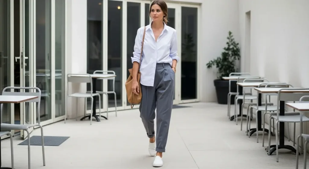 Button-Up Shirt + Relaxed Trousers Simple Fall Outfits
