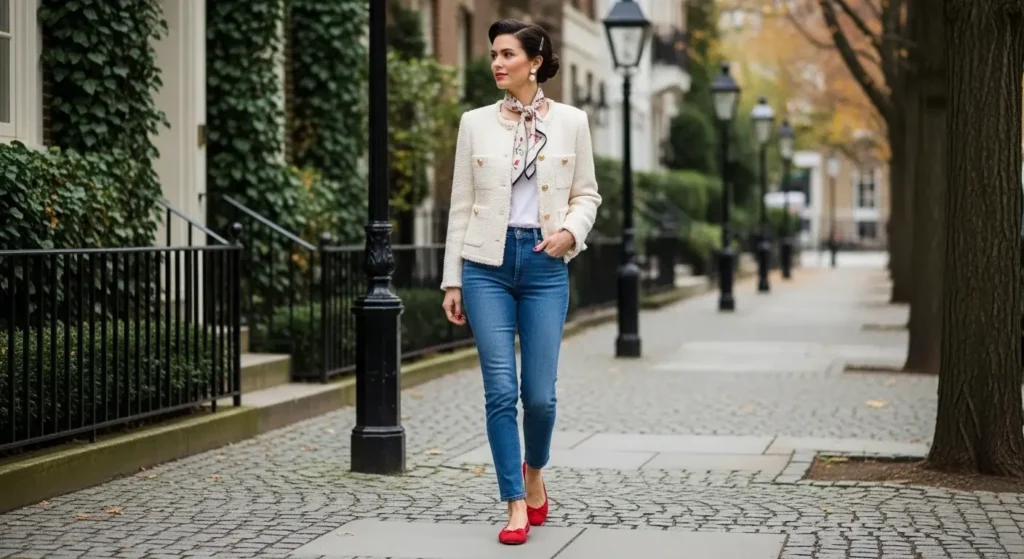 Bouclé Jacket + Slim Jeans + Ballet Flats Trending Fall Outfits