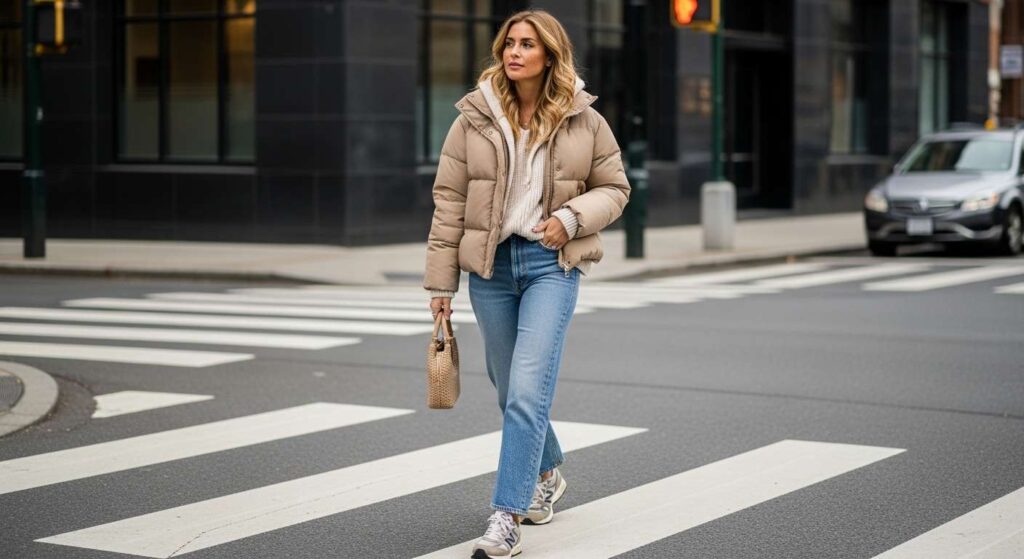 Cropped Puffer Coat + Knit Hoodie + Straight-Leg Jeans Warm Fall Outfits