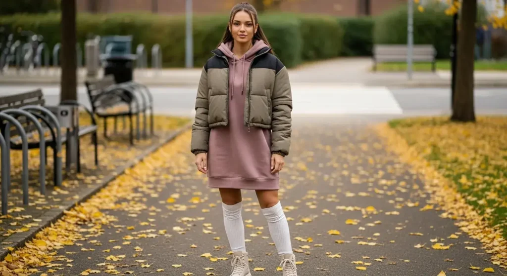 Cropped Puffer + Hoodie Dress + Tall Socks Cozy Fall Outfits