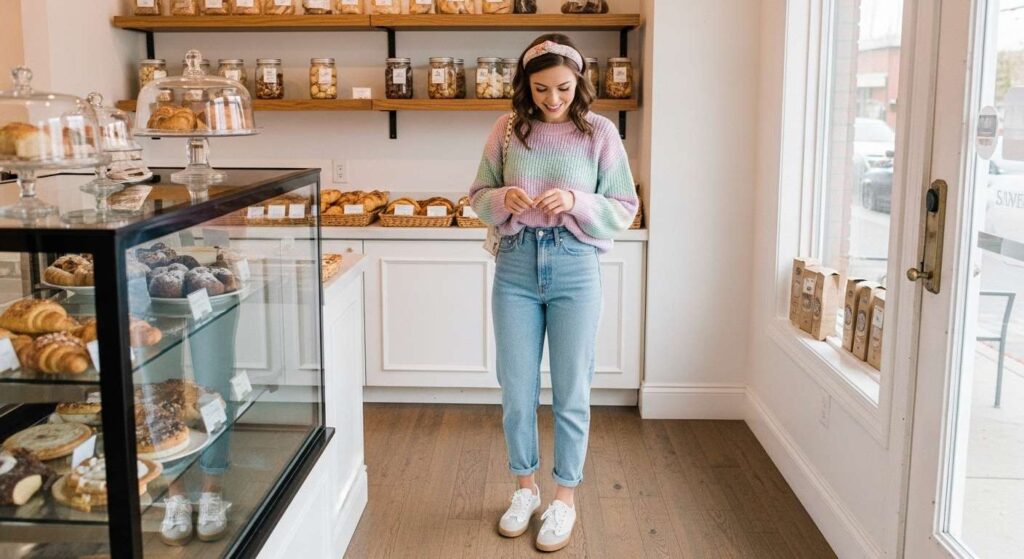 Soft Knits with High-Waisted Mom Jeans Girly Fall Outfits